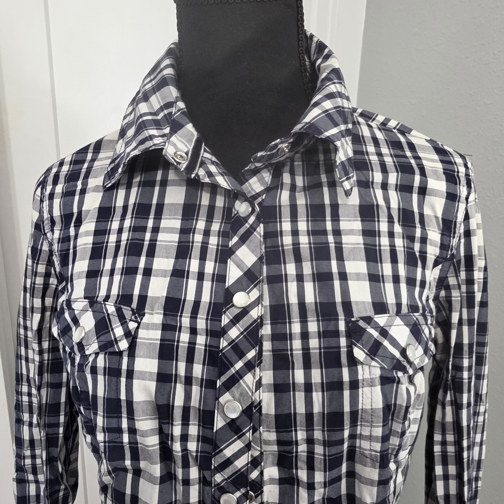Guess Navy and White Plaid Button-Down Shirt